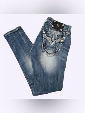 Y2K Miss Me 27x30 Signature Skinny Bedazzled Big Stitch Low Rise Denim Jeans